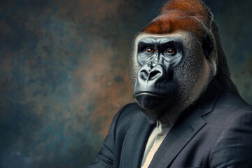 Portrait of a powerful gorilla wearing a business suit, conveying strength, intelligence, and leadership