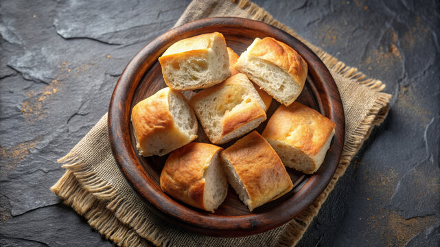 Top down view of bannock bread pieces on rustic wooden plate, traditional bannock bread served on linen cloth for comfort food meal. Freshly baked bannock bread for cultural cuisine concepts.