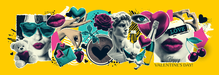 Set of newspaper stickers in halftone tones, on the theme of love, parties, nightclubs, romance, Valentine's day. Lips, hands, heart, rose, fruit, kiss, gifts, coffee, cupid. Vector illustration.