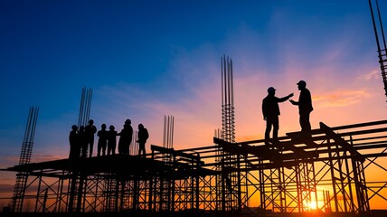 Silhouetted construction workers collaborating on the scaffolding structure against a vivid sunset sky backdrop