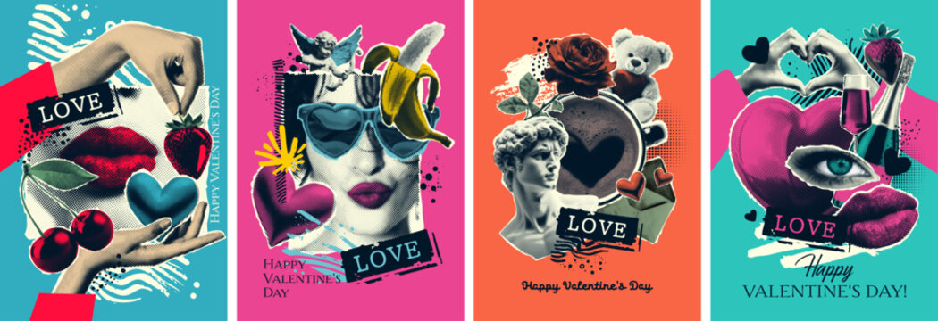 Set of newspapers posters, stickers in halftone tones, on the theme of love, parties, Valentine's day. Statue, lips, hands, heart, rose, fruit, kiss, gifts, coffee, cupid. Vector illustration.