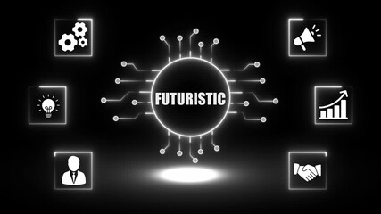 Futuristic digital network connections glowing abstract technology concept with business icons gears idea megaphone growth handshake and person silhouette