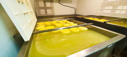Cheese making process with curds forming in large containers at a dairy facility in the evening