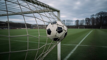 Classic black and white soccer ball resting perfectly in the mesh netting of a goal during an overcast day