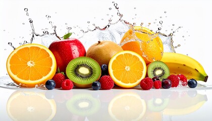 Colorful arrangement of various fruits in water splash with reflection against white background