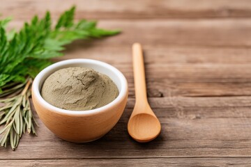Skincare Exfoliation Ritual concept. Bowl of seasoning with herbs on a wooden surface.