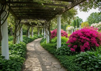 Stone pathway through a garden arbor covered in green vines and blooming pink flowers