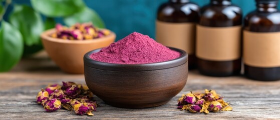 Skincare Exfoliation Ritual concept. A bowl of pink powder surrounded by herbal elements and bottles.