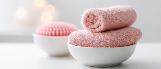 Skincare Exfoliation Ritual concept. Soft towels arranged neatly in a serene, spa-like setting.