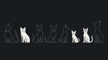 Minimalist line art illustration of cats and dogs for pet-themed designs with copy space
