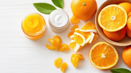 Skincare Exfoliation Ritual concept. Vibrant oranges and zest with jars of jam and cream on a wooden surface.