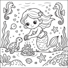 Fototapeta premium Mermaids black and white coloring pages.