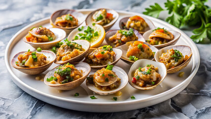 Neatly arranged stuffed clams on white platter, garnished with herbs, lemon. Each flavorful neatly arranged stuffed clams provides exquisite seafood experience.