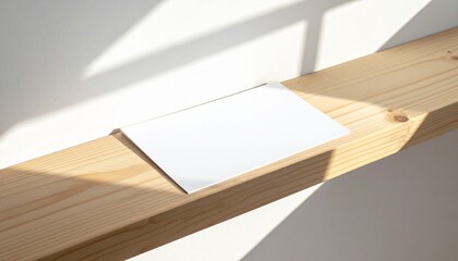 Blank white card casting shadow on a wooden shelf bathed in sunlight