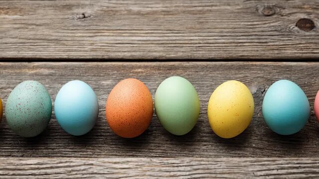 Colorful Easter eggs arranged in a row on rustic wooden background with copy space top view