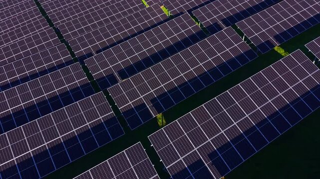 Rows of solar panels glisten under bright sunlight, creating a beautiful pattern on the green ground. This renewable energy site contributes to a sustainable future.