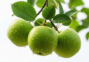 Fresh green apples covered in water droplets hanging from a branch