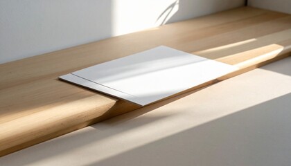 Clean white paper resting on a sleek wooden surface, bathed in natural sunlight and shadow, offering a pristine canvas for new ideas and a calm, creative atmosphere