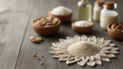 Skincare Exfoliation Ritual concept. Natural ingredients arranged artistically on a wooden surface.