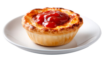Classic Australian meat pie served with tomato sauce on a white plate in a casual dining setting