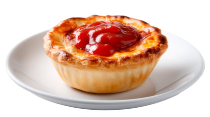 Classic Australian meat pie served with tomato sauce on a white plate in a casual dining setting