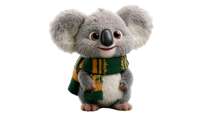 Cute render of a smiling koala wearing a small green scarf in a cheerful pose