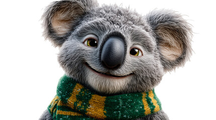 Smiling koala wearing a green scarf on a bright day in a playful setting