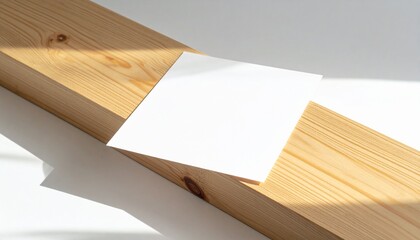 Blank white square card mockup on natural wooden beam, illuminated by strong sunlight with crisp shadows, providing a clean minimalist canvas for elegant design and branding concepts