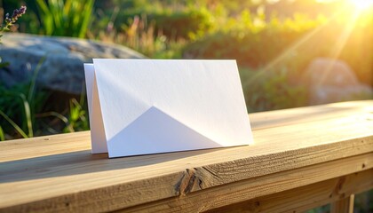 Blank white greeting card or invitation placed on a wooden surface in a sunny outdoor setting