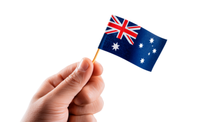 Small hand holds waving Australian flag during celebration in bright setting