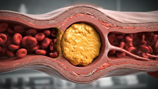 Artery blockage shows cholesterol plaque in blood vessel. Atherosclerosis blocks artery with plaque buildup. Blood vessel narrowed by cholesterol. Medical illustration of artery atherosclerosis.