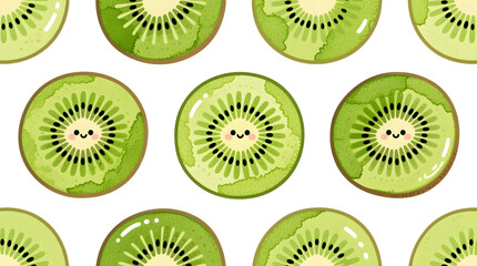 Fototapeta premium A vibrant seamless pattern featuring cute cross-sections of kiwi fruit, rendered in a watercolor doodle style with rich green hues and detailed seeds, isolated on a pure white background.