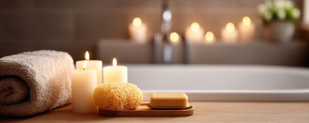 Skincare Exfoliation Ritual concept. Cozy bathroom setup with candles, towel, and bath accessories.