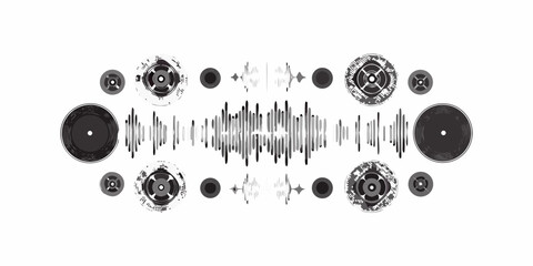 Abstract arrangement of vinyl records sound waves and circular graphic elements