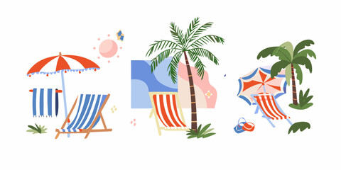 A vibrant summer scene depicting beach umbrellas lounge chairs and palm trees © Piku