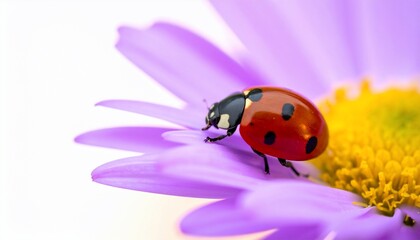 Close-up of a vibrant red ladybug with black spots on a purple daisy-like flower