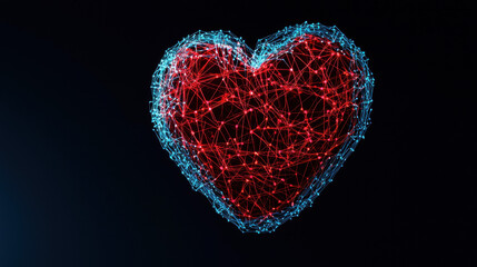 Valentine heart made of holographic data nodes and code, digital network, glowing red and blue, futuristic love symbol