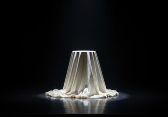 A white pedestal covered with a draped fabric on a black background