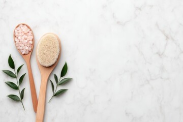Skincare Exfoliation Ritual concept. Natural spices in wooden spoons with leaves on a marble background.