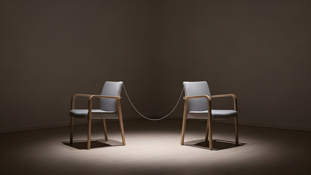 Two chairs facing each other, connected by a thin string in a dark room. Symbol of situationship, fragile connection, emotional tension, unresolved relationship, distance without separation.