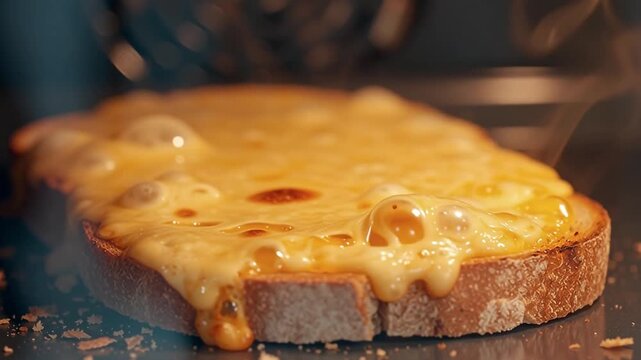 Close-up shot of molten cheese sizzling beneath a broiler