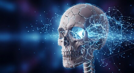 Human Skull with Digital Brain Connections and Glowing Eye.