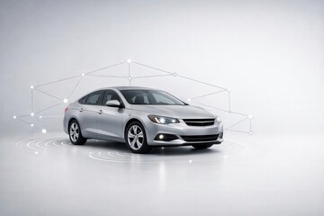 Sleek silver sedan showcased on a white background with geometric digital design elements.