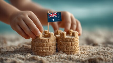Childrens hands build a sandcastle on the beach during a sunny day, adding a flag for decoration