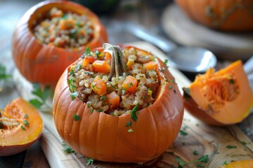 Small pumpkins stuffed with a savory mixture of rice, diced carrots, and fresh herbs, garnished with parsley, offer a delicious and seasonal autumn meal