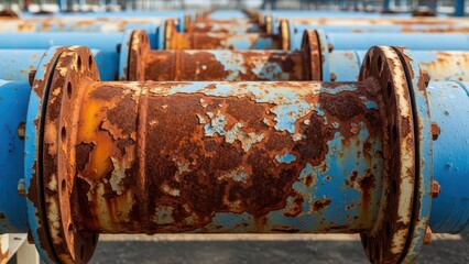 Rusty industrial pipes: aged metal infrastructure with corrosion and peeling paint in focus