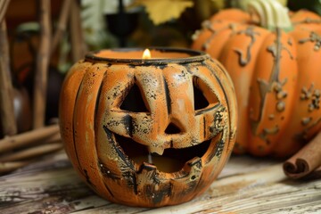 Halloween pumpkin candle holder with a burning candle flame creates a spooky atmosphere