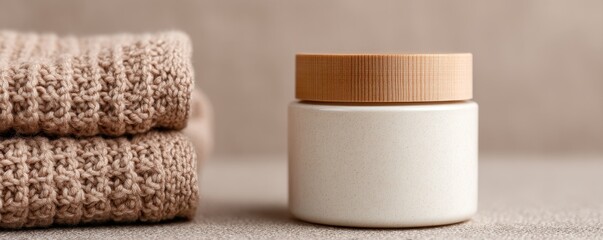 Skincare Exfoliation Ritual concept. Cosmetic jar beside soft towels in a serene setting.