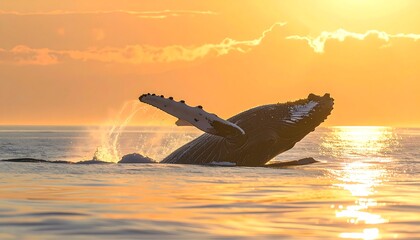 Humpback whale breaching at sunset, showcasing its majestic power and grace in the golden hour.