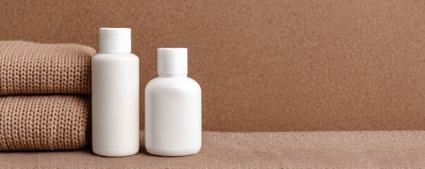 Skincare Exfoliation Ritual concept. Skincare bottles on a textured towel background.